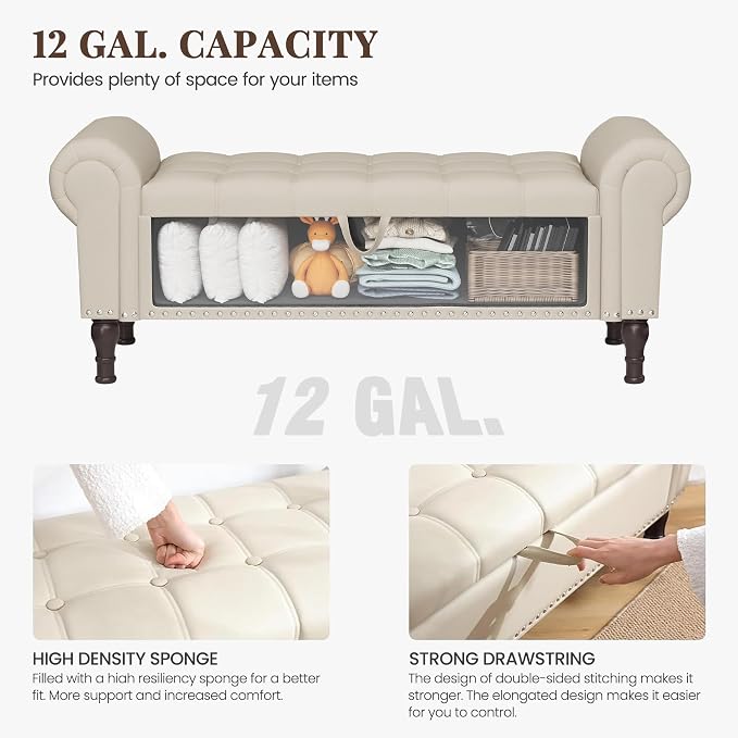 YOUDENOVA Ottoman with Storage, 51" End of Bed Bench with Rolled Arms, Upholstered Storage Bench with Vintage Rivets for Bedroom, Living Room, Entryway, Beige+Brown Legs
