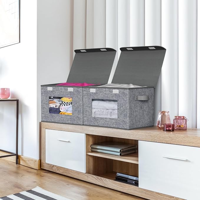 Univivi Fabric Foldable Storage Boxes [4-Pack] Large Collapsible Stackable Storage Bins with Lids, Closet Organizers and Storage Cube Basket for Home, Office, Bedroom (Grey, 17'' x 12'' x 12") | 17 x 12 x 12 In Foldable Storage Boxes with Handles, Clea...