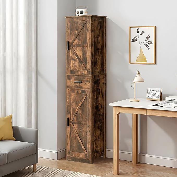 TEENFON Tall Bathroom Cabinet, Storage Cabinet with 6 Shelves & Drawer, Bathroom Storage Cabinet with Adjustable Shelves, Tall Cabinet for Living Room, Home Office, Brown
