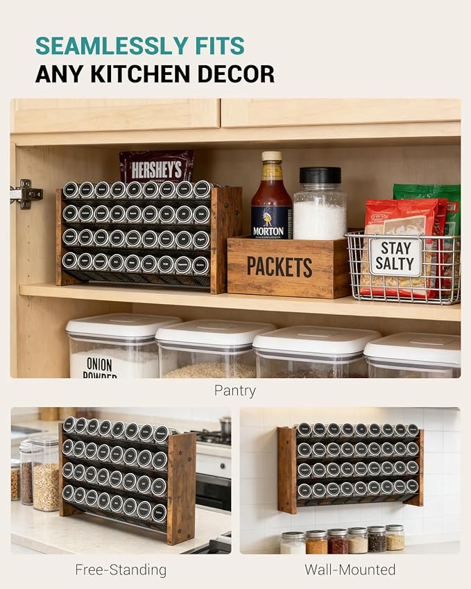 NESAPTO Spice Rack Organizer for Cabinet, Wood 4-Tier Vertical Seasoning Organizer, Wall Mount or Countertop Spice Shelf, Holds 36 Jars (No Jars Included), 17.2" W x 10.3" H