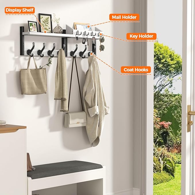 Evermagin 29" Coat Rack Wall Mount with Shelf for Entryway, White | Wall Mounted Coat and Key Rack with Hooks, Key Holder with Mail Organizer for Wall, Living Room, Mudroom, Bedroom