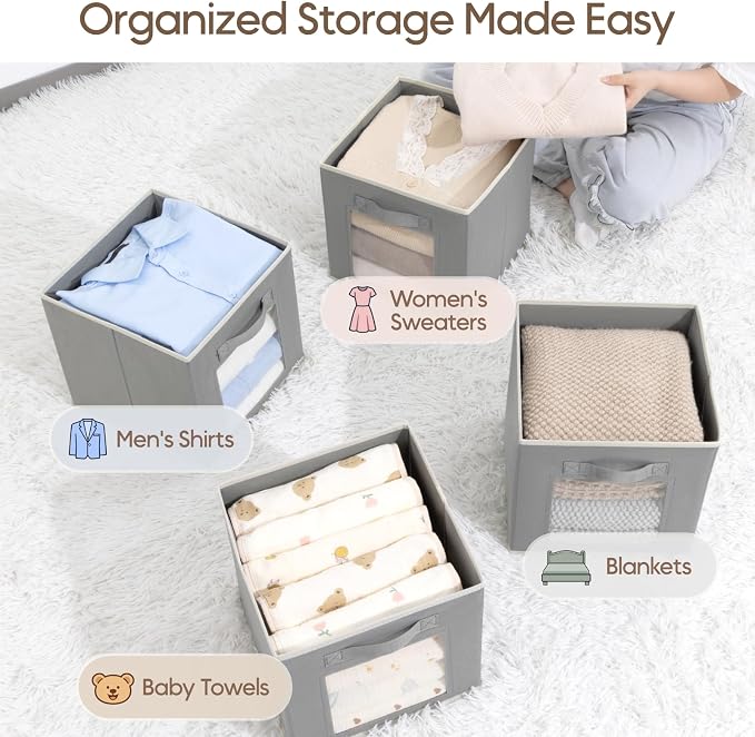 Foldable Storage Cubes - Cubby Storage Organizer with Window, Decorative Baskets for Organizing, Fabric Bins for Clothes Storage, Closet Storage Cubes 11inch, Set of 12, Grey