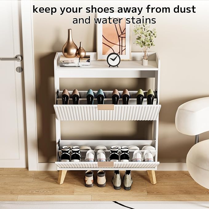 Slim Shoe Storage Cabinet for Entryway, 2 Flip Drawers Wooden Organizer with Fluted Panel, Secure Fence Top for Plants & Decor, Hidden Shoe Storage for Hallway & Foyer (White)