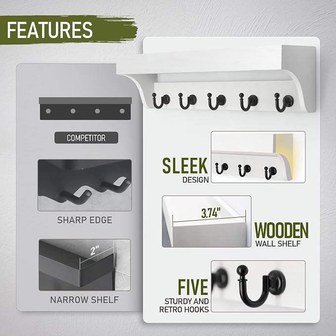 Rebee Vision Key Holder Wall Mount with Shelf for Room Decor, White | 5 Sturdy Hooks, Floating Shelf, Decorative Hanging Organizer, Key Holder for Wall, Apartment Storage Accent