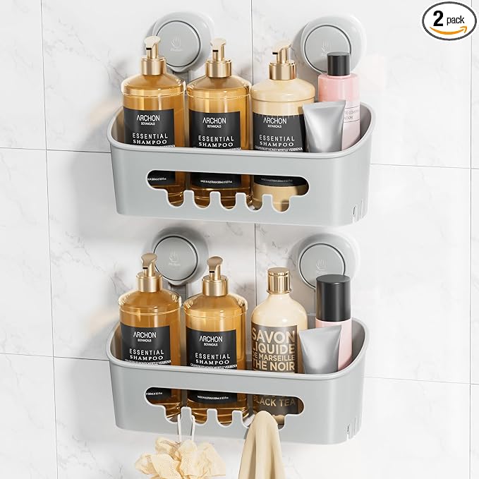 LEVERLOC Shower Caddy Suction Cup,Shower Organizer Bathroom Shelf,Grey 2pcs