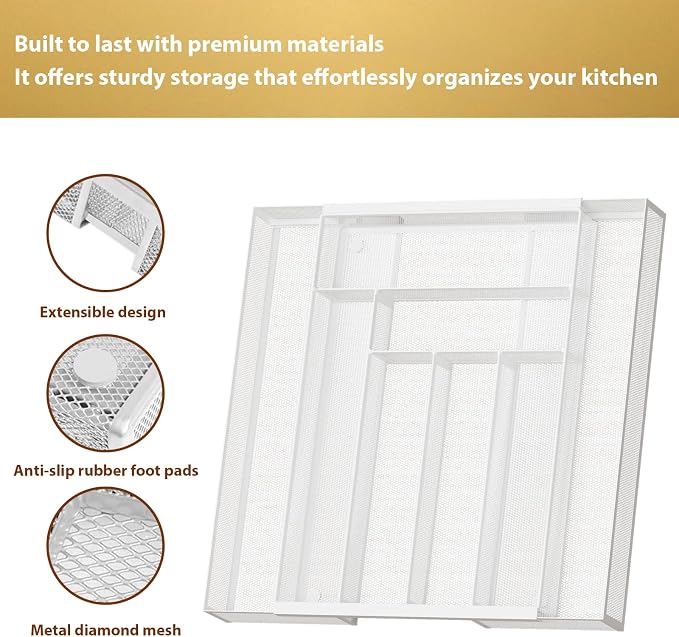 Sedegn Expandable Kitchen Utensil Organizer - 11.6" to 20" Adjustable | Cutlery Tray with 6-8 Compartments - Fits Various Drawer Sizes & Holds Large Ladles Spatulas Forks Spoons & Knives White