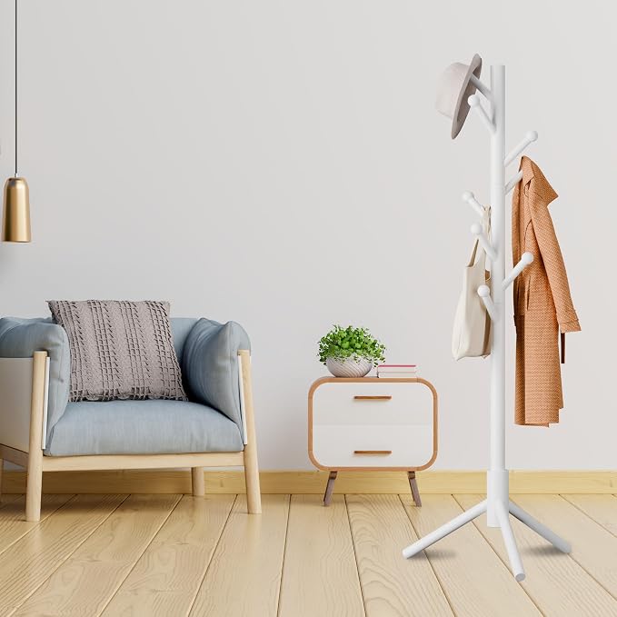 8-Hook Freestanding Coat Rack 3 Heights Safe Round Tips White | Smooth Round Tips Prevent Slipping,Tool-Free Assembly,Holds Clothes Hats Handbags,Ideal for Entryway Bedroom Hallway Office