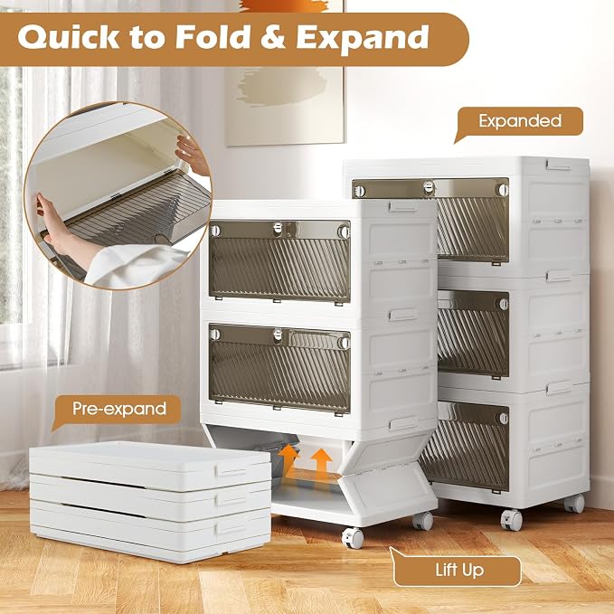 3-Tier Stackable Storage Bins, 33-gal Collapsible Storage Boxes with Lid, 3-Way-to-Open Drawers, Foldable and Stackable Closet Storage Organizer with Wheels for Bedroom, Cloakroom, Dorm