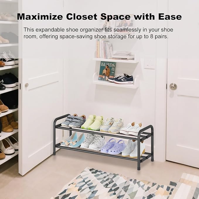 KANAV 2-Tier Expandable Shoe Rack, Adjustable Shoe Organizer & Storage for Closet, Small Space Saving Shoe Rack for Entryway, Bedroom, or Office – Sturdy & Durable Design