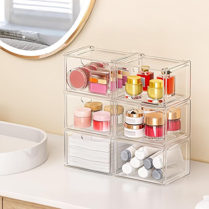 caktraie 6-Pack Acrylic Stackable Storage Drawers for Vanity, Desk, Bath | 2 large & wide 13" drawers, Smooth-glide, stackable, clear body, dustproof, wipe clean, for makeup, pantry jars, under sink