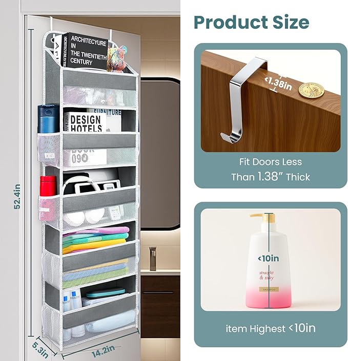 Ease of Assembly Over The Door Organizer,5 Shelves&8 Side Pockets | Anti-Tilt Hanging Door Storage for Closet Heavy-Duty Mesh Shelf for Bathroom, Closet, Toy Organization, Shoes, Towels, Grey