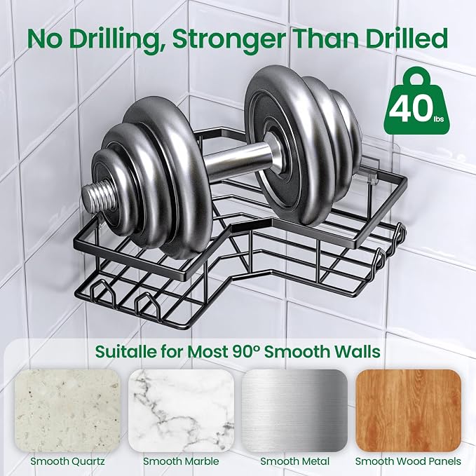 Adhesive Shower Caddy, 2 Pack Corner Bath Organizer, Rustproof Stainless Steel Shower Shelves with Large Capacity, No Drilling Shelves for Bathroom Storage, Home, Kitchen Décor