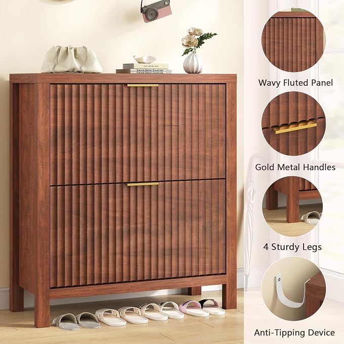 Fluted Shoe Cabinet Storage with 2 Flip Drawers for Entryway, Hallway | Narrow Shoe Rack Freestanding Shoe Organizer with Legs for Entryway，Hallway, Red Walnut
