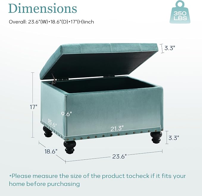 Zihanhome Velvet Storage Ottoman Bench, Button Tufted Ottoman with Hidden Storage, Upholstered Foot Rest Stool with Solid Wood Legs for Living Room, Bedroom, Entryway & Small Spaces (Mint Blue)