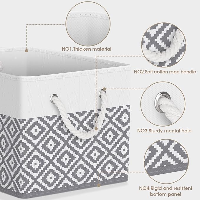 StorageTastic Storage Bins, 3-Pack Large Storage Box | with Rope Handles, Collapsible Storage Basket for Organizing Books, Clothes, Rhombic Grey