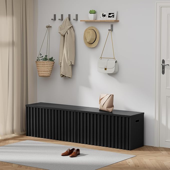 Black Storage Bench Set of 2, 39.4" Fluted Wood Storage Trunk with 2 Safety Hinges, Sturdy Storage Chest, Storage Bench for Bedroom,Entryway, Living Room