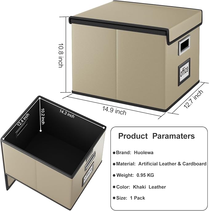 File Organizer Box with Lids, Collapsible File Folder Organizer | File Box with Plastic Slides for Document, Filing Bin for Letter Size Hanging File Folders (1 Pack, Khaki, Leather)