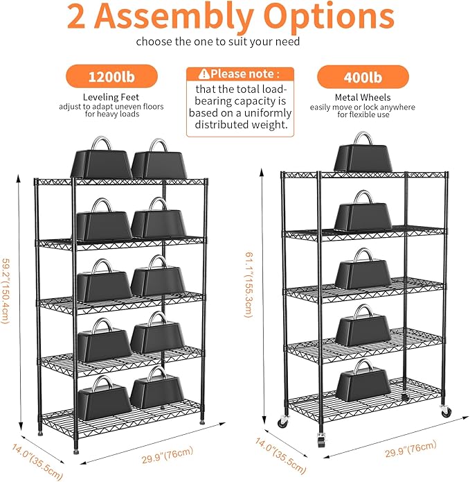 5-Tier Heavy Duty Shelving Unit, Metal Shelving with Lockable Wheels,Black | 30"Wx14"Dx62"H,Wire Shelf Rack,Height Adjustable Metal Storage Shelves Organizer for Kitchen,Garage,Office,Laundry,Pantry