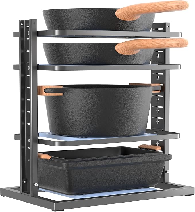 LAMU Pots and Pans Organizer for under Cabinet, 4-Tier Heavy Duty Pan Pot Organizers inside Cabinet, Adjustable Pot Rack Kitchen Cabinet Organization and Storage Holds up to 12" Cookware