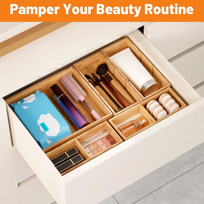 Bamboo Drawer Organizer, 10-Piece Stackable Trays with Removable Dividers | Junk drawer organizer, assorted tray sizes, 10-22 customizable compartments, nestable, kitchen utensils, bathroom, office