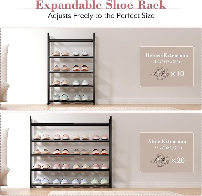 Bumusty 5 Tier Expandable Shoe Rack for Closet, Black | 18"-33" Adjustable Shoe Rack for Entryway, Small Shoe Organizer for Dorm, Front Door, Sturdy Metal