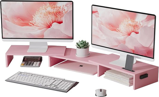 BONTEC Dual Monitor Stand Riser, Adjustable Length & Swivel Angle, Pink | Ergonomic Wooden Desktop Organizer with Smartphone Holder, Computer Monitor Stand for PC, Laptop, Printer and Large Storage