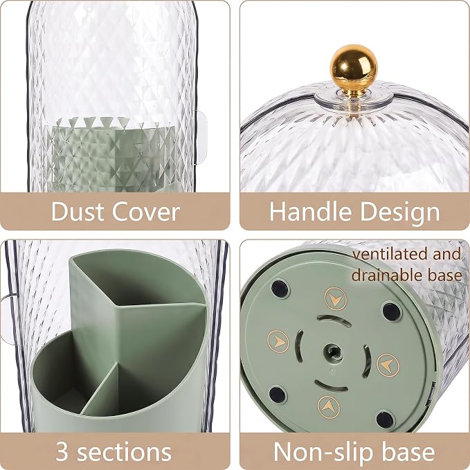 Toothbrush Holder with Cover for Bathroom Countertop, Organizer, Green | Rotating 3 Slot Holder for Electric Toothbrushes, Toothpaste, Self Draining Vanity Organizer, Makeup Brush Storage