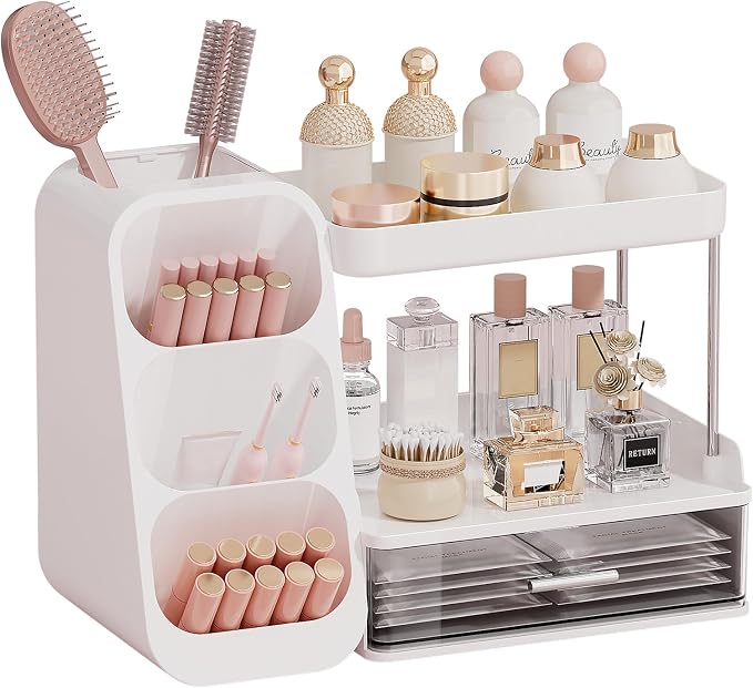 UFORU Makeup Organizer Countertop with Brush Holder for Vanity Bathroom | 3 Tiers Design, Large Capacity, Thickened Plastic, Detachable Brush Holder, Clear Drawer, Quick Access, Space-Saving