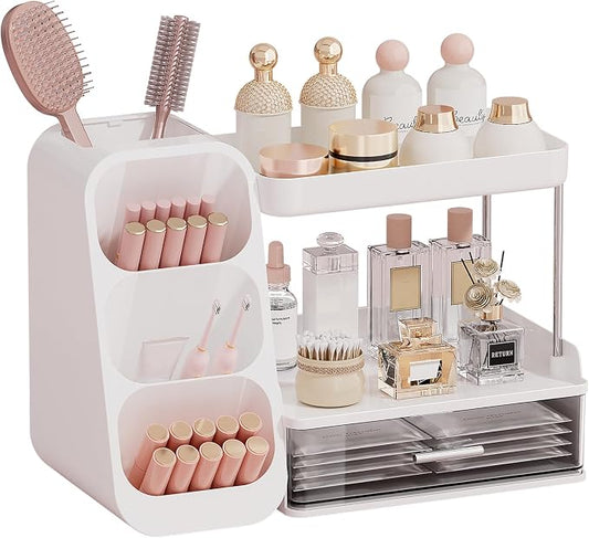 UFORU Makeup Organizer Countertop with Brush Holder for Vanity Bathroom | 3 Tiers Design, Large Capacity, Thickened Plastic, Detachable Brush Holder, Clear Drawer, Quick Access, Space-Saving