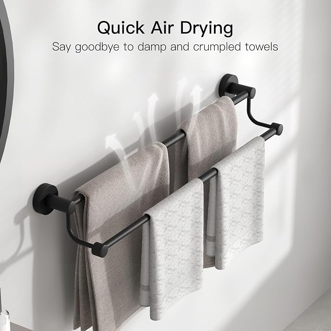 BESy Double Towel Bar Towel Rack for Bathroom Bath Wall Mounted Matte Black | Adjustable 16-26 In,Wall Mounted Towel Holder, Stainless Steel, Rustproof, Towel Bar Rod Hanger Hardware Accessories Hotel