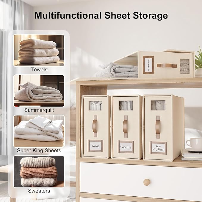6 Pack Foldable Bed Sheets Set Organizers and Storage(Cal King Size),Linen Fabric Closet Organizers with Window,Folding Bedding Storage Box for Bedsheets and Pillow Cube Organizer-Beige