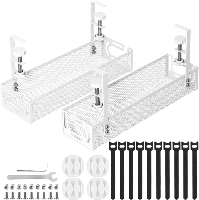 Cable Management, 2 Pack Cable Management Under Desk, Cable Tray | No Drill Under Desk Cable Management Tray, Cord Organizer with Clamp for Standing Desk, Desk Organizer for Home Office