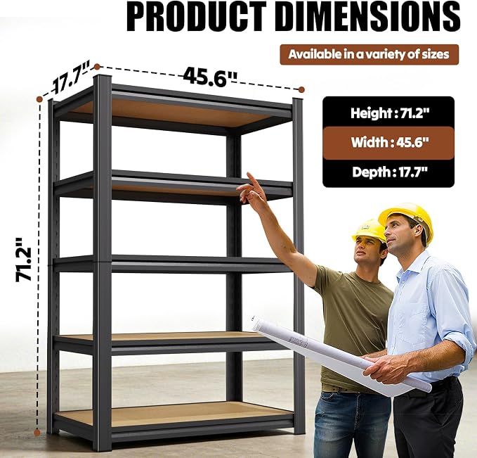71.2''H Storage Shelves, 2500lbs Garage Shelving,Adjustable Heavy Duty Shelving Unit,5T Tall Garage Shelves，Wood Metal Standing Shelf Units,Utility Rack For Kitchen 71.2''H*45.6''W*17.7''D,2-Pack
