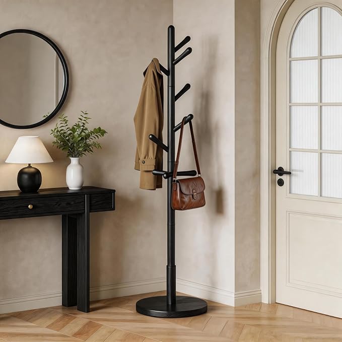 Solid Wood Coat Rack Freestanding with 9 Hooks - Wooden Coat Rack Stand for Entryway, Bedroom, Living Room, Hallway for Coats, Handbags, Hat(Black)