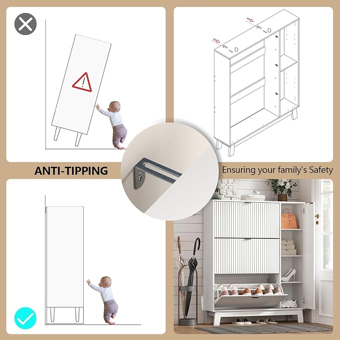 Shoe Cabinet Storage for Entryway with 3 Flip Drawers & Side Cabinet, Fluted Narrow Shoe Organizer with Wooden Leg, Freestanding Shoe Storage Hidden Shoe Rack Organizer for Front Door Entrance, White