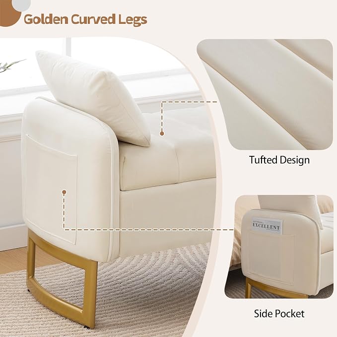End of Bed Storage Bench, 51'' Velvet Storage Benches for Queen Size Bedroom Foot of Bed, Storage Ottoman Bench with Golden Legs and Pillow for Living Room Window Entryway, Cream