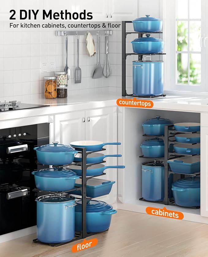Pots and Pans Organizer Under Cabinet 20.8", 8-Tier Adjustable Black | 2 DIY Modes, Tool-Free Assembly, Max 120 Lbs, Fits Large Stockpots, Cast Iron Pans & Heavy Cookware, For Kitchen Cabinets