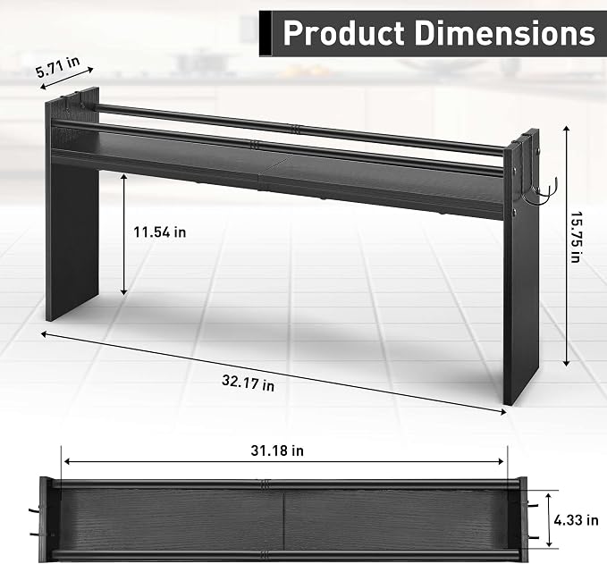 Spice Rack Shelf for Kitchen Stove, Over The Stove Shelf with 4 Hooks, Premium Wood & Metal Commbined Spice Rack Organizer Extra Storage Countertop (Black)