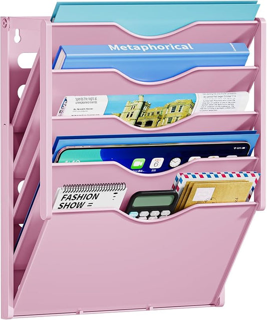 Marbrasse 5 Tier Wall File Organizer, Plastic Hanging File Holder for Mail, Magazines Paper Organizer Wall Mounted for Office Home (Pink)