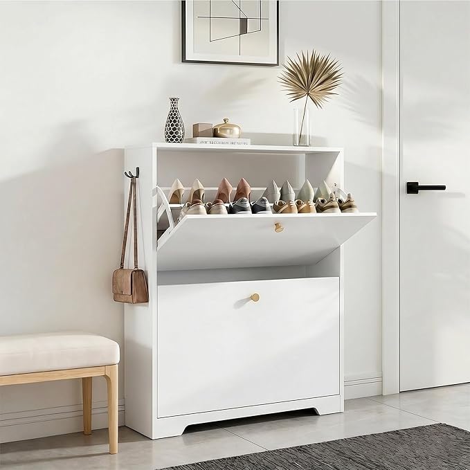 Nicetree Shoe Cabinet with 2 Flip Drawers, Modern Entryway Organizer, White | Narrow Shoe Organizer, Freestanding Shoe Rack Cabinet, Modern Shoe Storage Cabinet for Entryway, Hallway, Foyer, With Hook