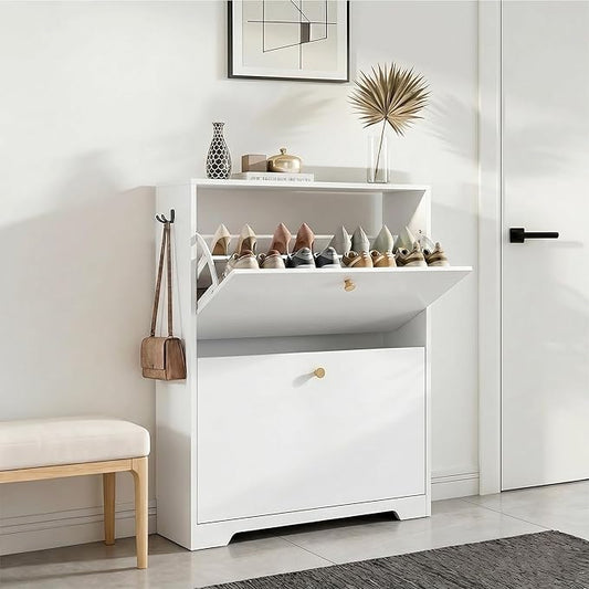 Nicetree Shoe Cabinet with 2 Flip Drawers, Modern Entryway Organizer, White | Narrow Shoe Organizer, Freestanding Shoe Rack Cabinet, Modern Shoe Storage Cabinet for Entryway, Hallway, Foyer, With Hook