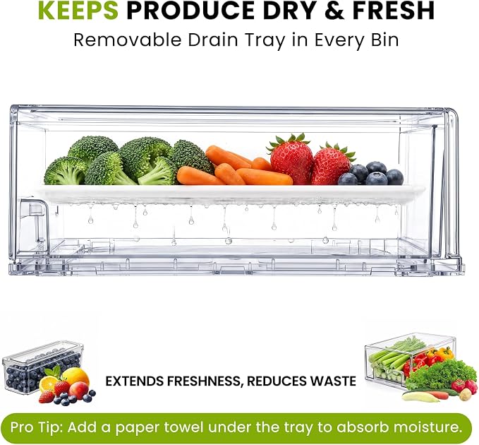 6Pack Fridge Organizers and Storage with Drain Trays,BPA-Free PET,Stackable | 6pack: 2 pull-out organizers & 4 containers with drain trays for fruit, vegetable, drink, snack food storage