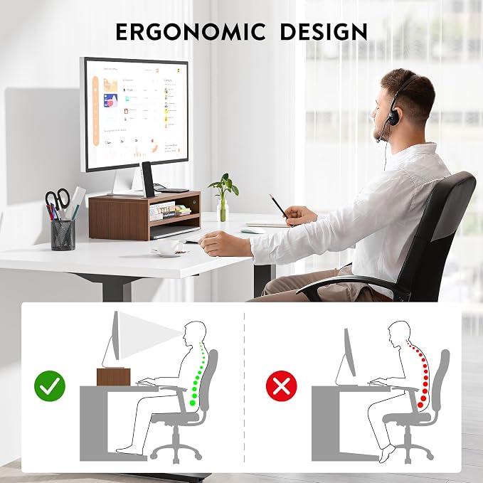 BONTEC Wooden Monitor Stand Riser for Desk, 2-Tier Computer Monitor Stand | 66 lbs Desk Shelf Organizer with Storage, Laptop & Printer Stand with Phone Holder and Cable Management, Walnut, 16.5 Inch