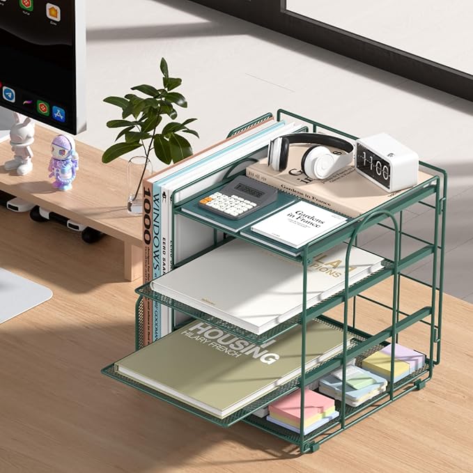 Desk File Organizer and Accessories, 4-Tier Paper Organizer with Vertical File Holder, Office Desk Accessories & Workspace Organizers and Storage for Office Supplies (Green)