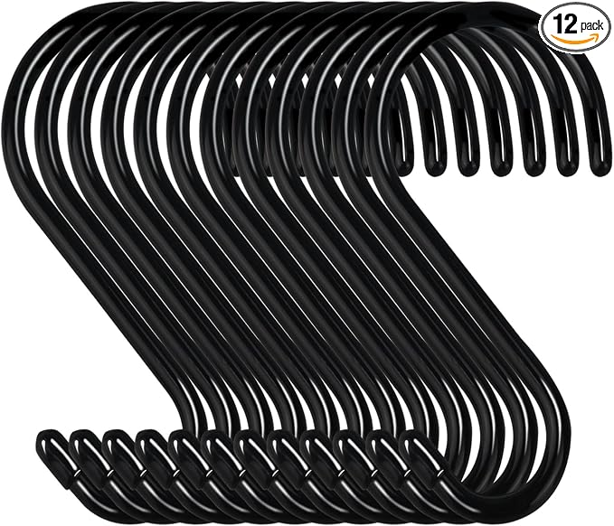 DINGEE 4 Inch 12 Pack S Hooks - Heavy Duty, Large Rubber Coated Black Non Slip Metal Hooks for Closet, Garden, Jeans, Plants, Jewelry, Pot, Pan, Cups, Towels