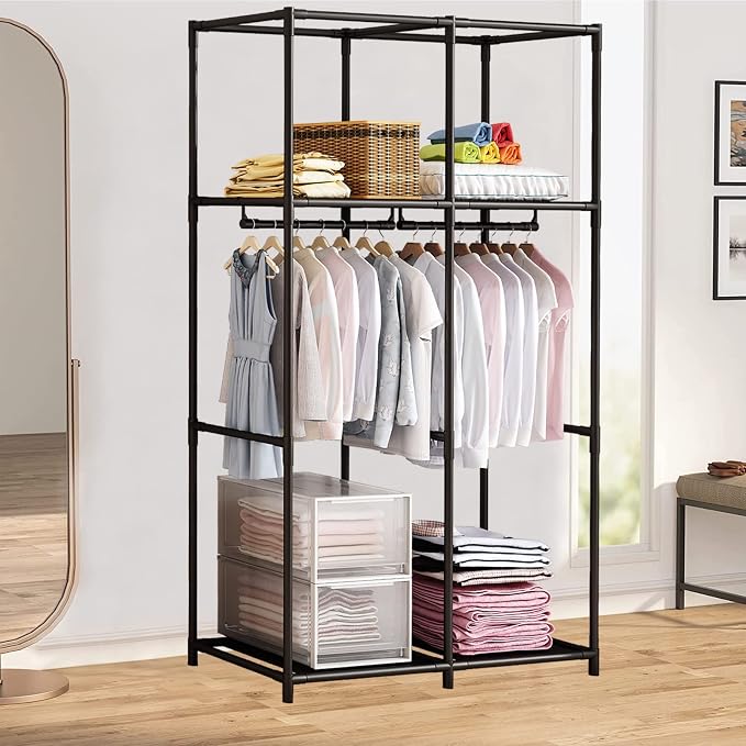 SORCEDAS Portable Closet Wardrobe with Hanging Rods Shelves Clothes Storage | 34 Inch Closet Organizers and Storage with Non-Fabric Cover,Freestanding Clothes Closet for Bedroom,dorm,Storage Rooms Black
