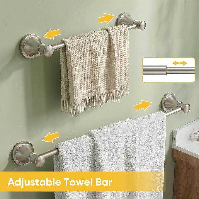 BESy Towel Racks for Bathroom Wall Mounted Bath Towel Bar Brushed Nickel | Adjustable 16-26 In, Wall Mounted Towel Holder, Stainless Steel, Rustproof, Towel Bar Rod Hanger Hardware Accessories Hotel