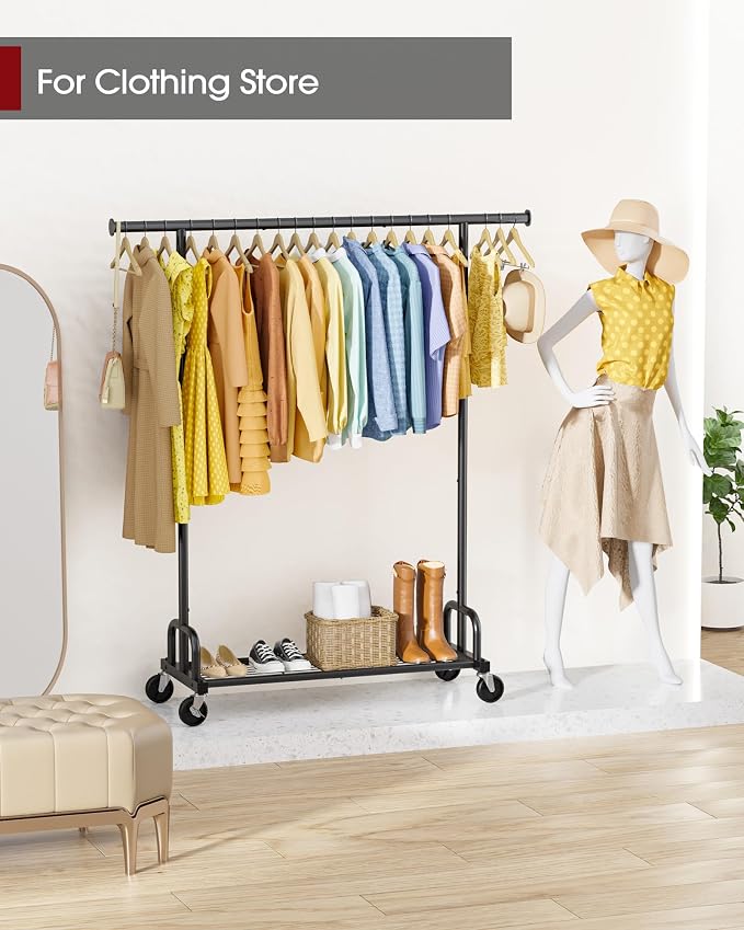 Sakugi Clothes Rack - Large-Capacity Clothing Racks for Hanging Clothes with Lockable Wheels, Space-Saving Metal Coat Rack for Bedroom, Laundry Room, Entryway, 45.6" x 16.9" x 59", Black