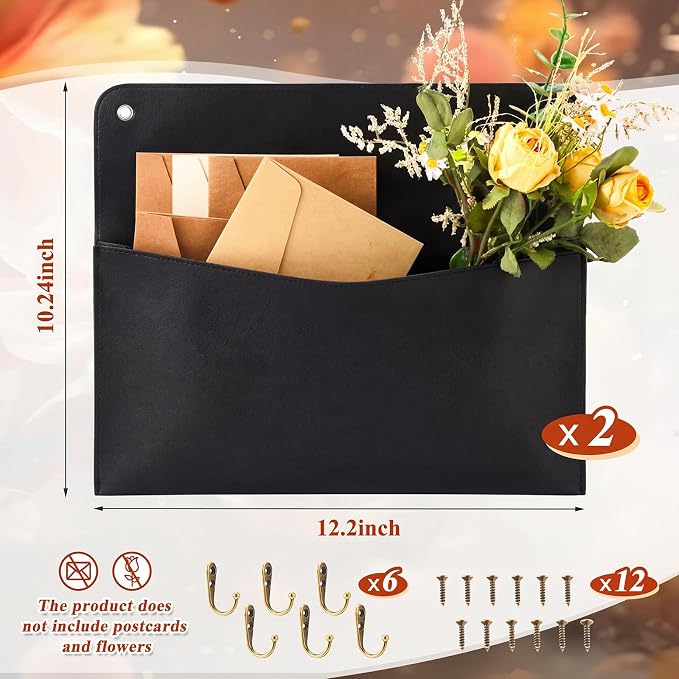 2 Set PU Leather Mail Holder Wall Mount 12.2x10.24 Inch Leather Letter Holder 2 Ring Binder Hanging Wall File Organizer Mail Sorter for Decor Storage Letter Postcard Flower Home Office(Black)