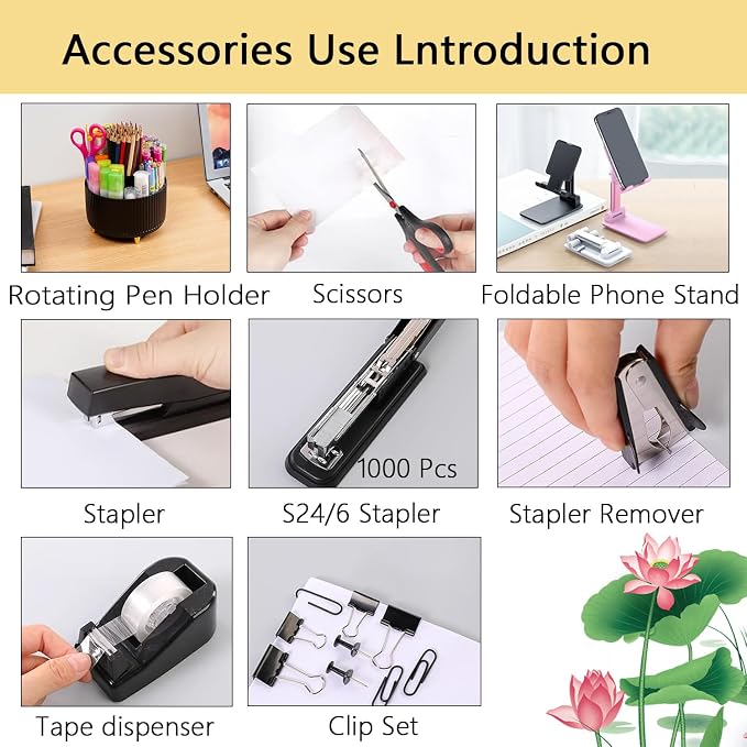 Office Supplies,Desk Accessories,Desk Organizer,Stapler,Tape Dispenser,Folding Phone Holder,Scissors,Notebook,Staple Remover,Staples,Clear Tape,Sticky Notes,Paper Clips,Bookmark,Pen,Pen pals Ect.27pcs